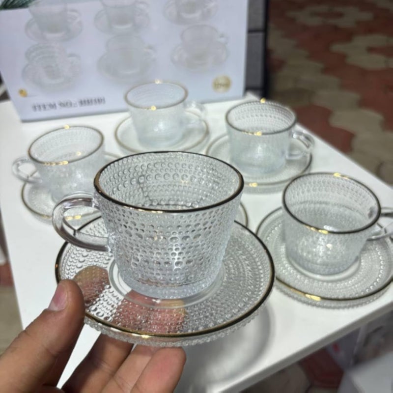 Gold Thermal Glass Cup Set with Coaster â€“ 6 Cups (280ml) + 6 Coasters â€“ Tea & Coffee â€“ Imported